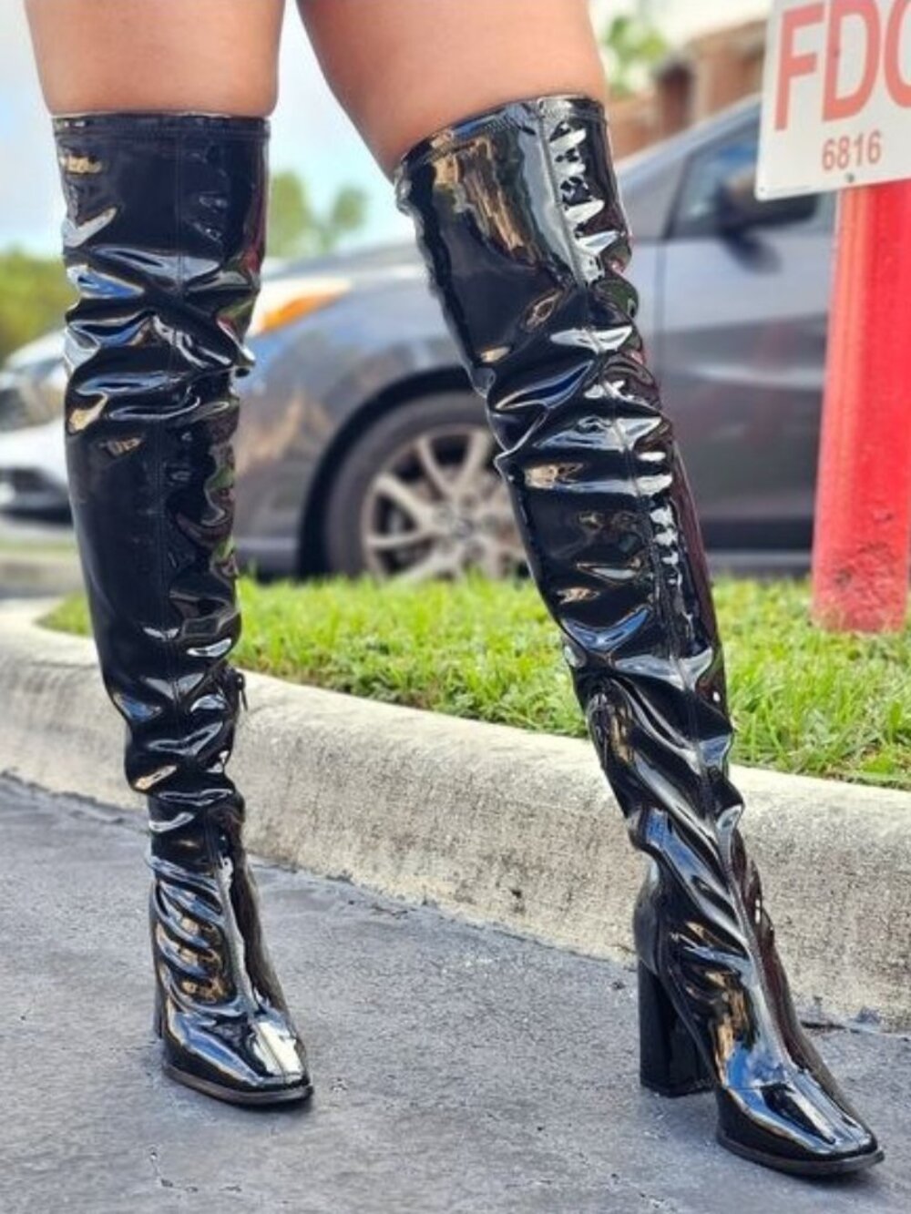 Black Thigh High Chunky Heel Boots Pull On with Side Zipper